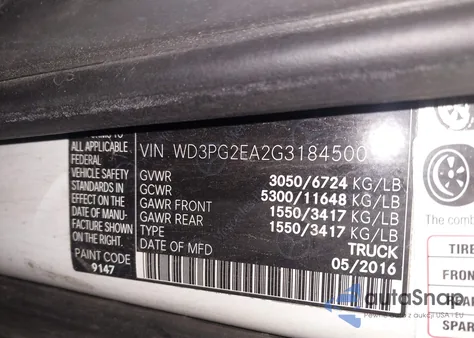 2016 Mercedes-Benz Metris z USA, uszkodzony, nr VIN WD3PG2EA2G3184500